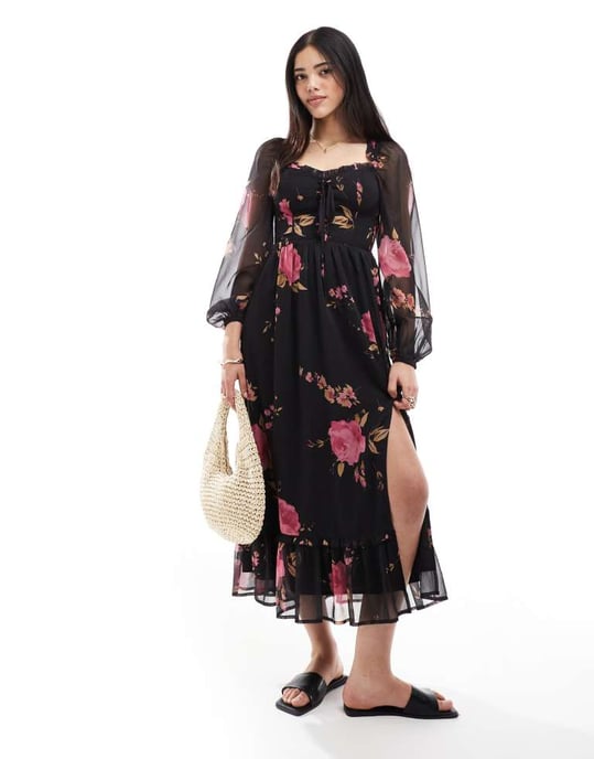 Miss Selfridge maxi klänning med korsettdetalj i rosavtryck - Image 4