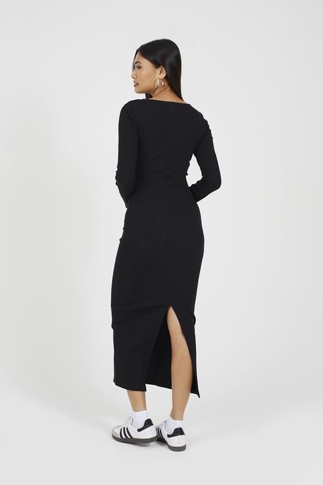 Black V-Neck Fitted Long Sleeve Maxi Dress - Image 2