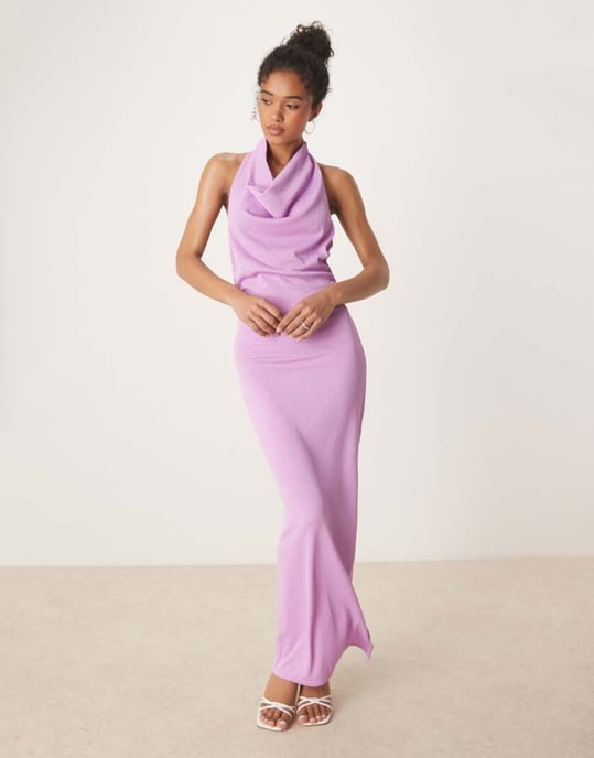 Vila strukturerad cowl neck lång klänning med låg rygg i violet - Image 2