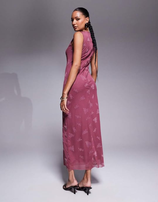 ASOS DESIGN maxi burnout blommig klänning med hög hals i dämpad rosa - Image 3