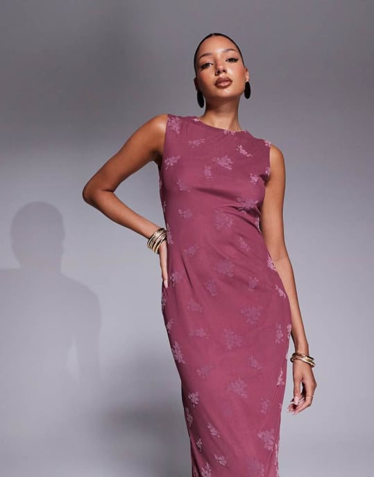 ASOS DESIGN maxi burnout blommig klänning med hög hals i dämpad rosa - Image 4