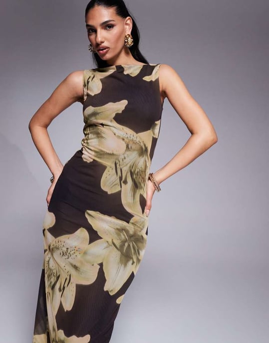 ASOS DESIGN oversize blommig tryckt mesh klänning med snitt i brunt - Image 2