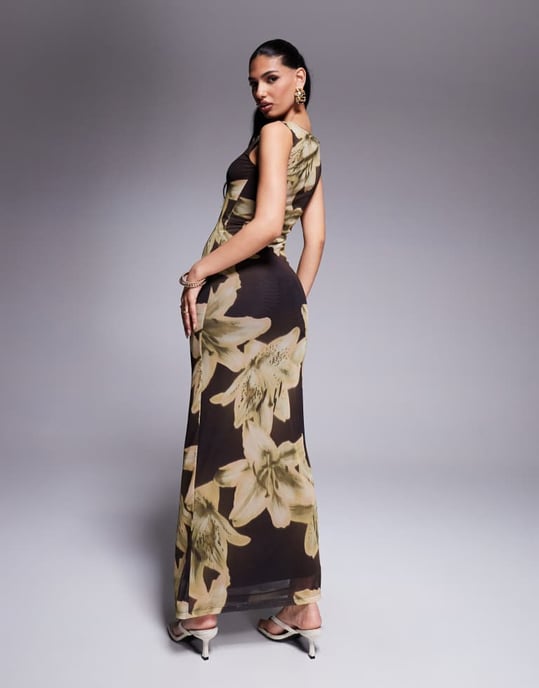 ASOS DESIGN oversize blommig tryckt mesh klänning med snitt i brunt - Image 4