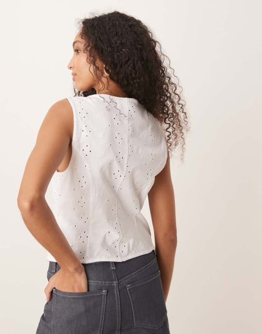 ASOS DESIGN broderie button down waistcoat in white - Image 3