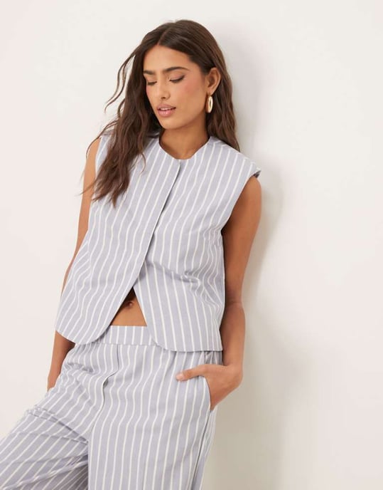 ASOS DESIGN boxy cutaway waistcoat with linen co-ord in blue and white stripe - Image 1