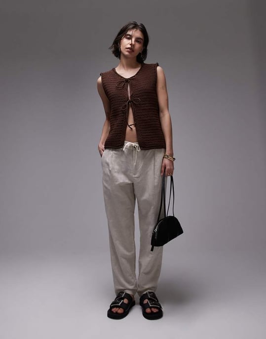 Topshop knitted tie front waistcoat in brown - Image 2