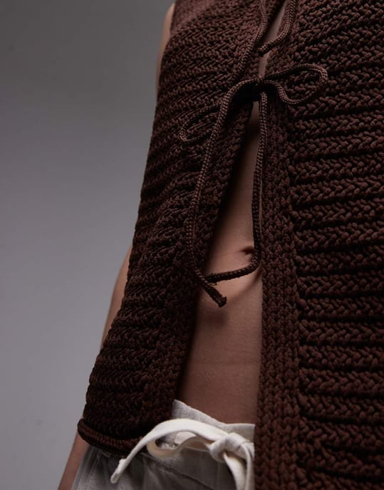 Topshop knitted tie front waistcoat in brown - Image 3