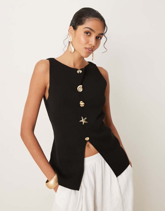 ASOS DESIGN knitted slash neck multi button waistcoat in black - Image 1