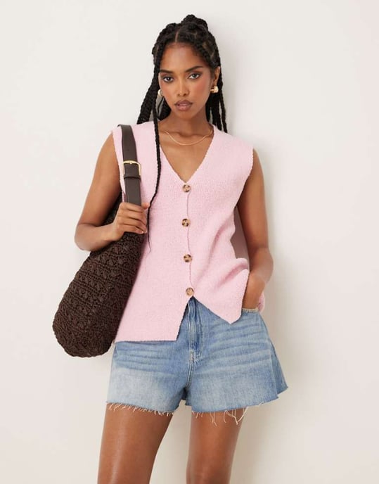 ASOS DESIGN slubstickad avslappnad passform väst i rosa - Image 1