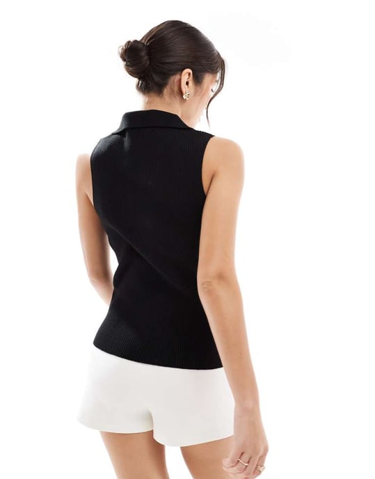 ASOS DESIGN ribbed collared knitted top in black - Image 3