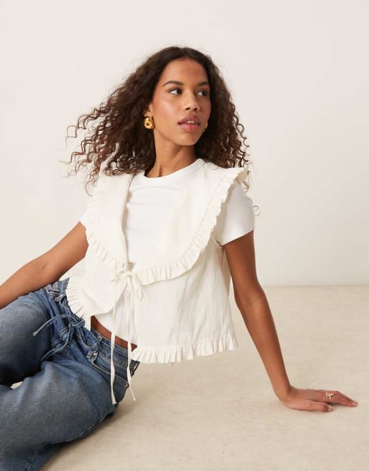 ASOS DESIGN linen look frill collar waistcoat in ivory - Image 1