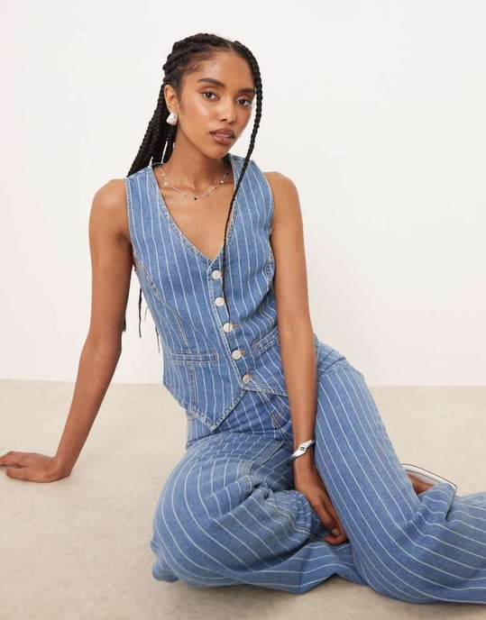 Nobody's Child Stockwell denim waistcoat co-ord in blue pinstripe - Image 1