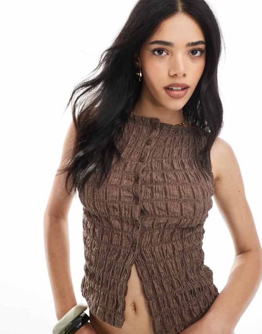 ASOS DESIGN acid wash texture button through waistcoat co ord in brown - Image 1
