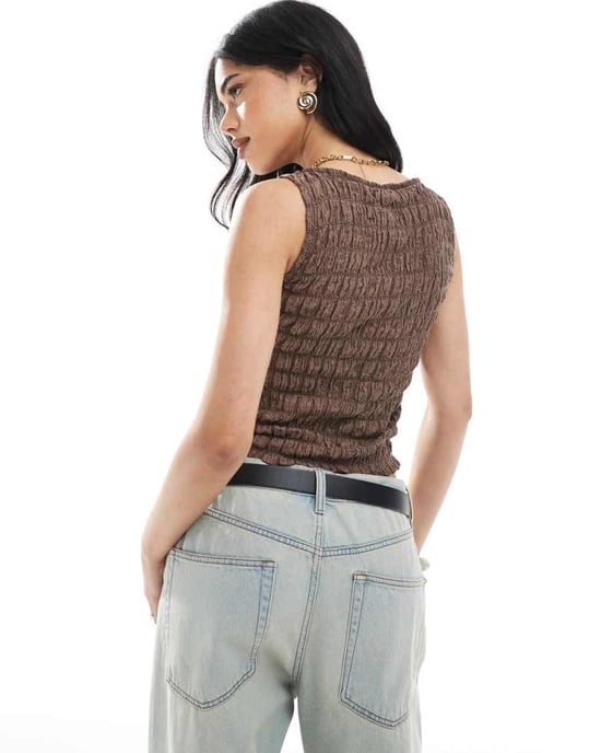 ASOS DESIGN acid wash texture button through waistcoat co ord in brown - Image 2