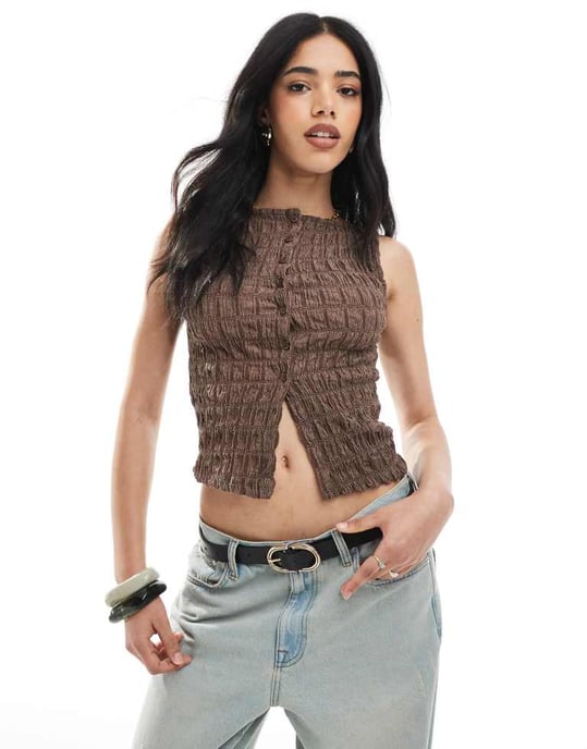 ASOS DESIGN acid wash texture button through waistcoat co ord in brown - Image 3