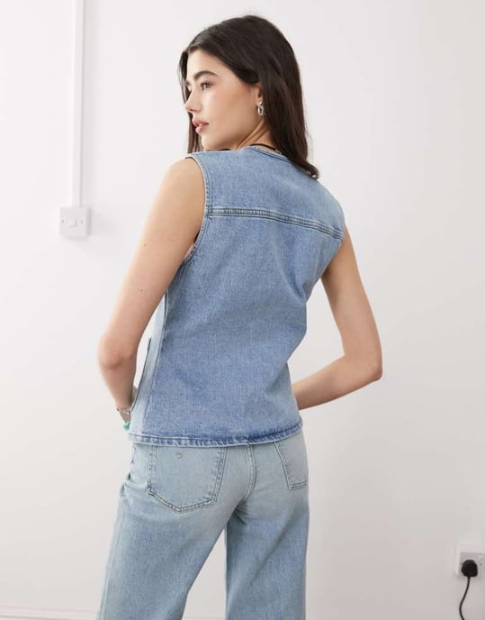 Återvunnet vintage denim västar set från 70-talet med fickor i blåtvätt - Image 3