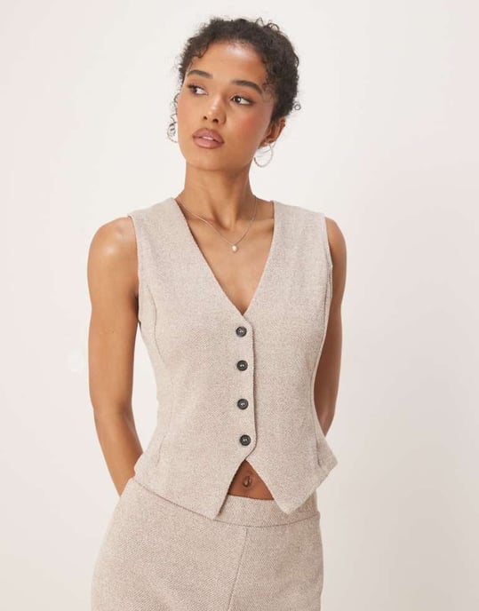 Vila textured jersey waistcoat co-ord in light natural melange - Image 1
