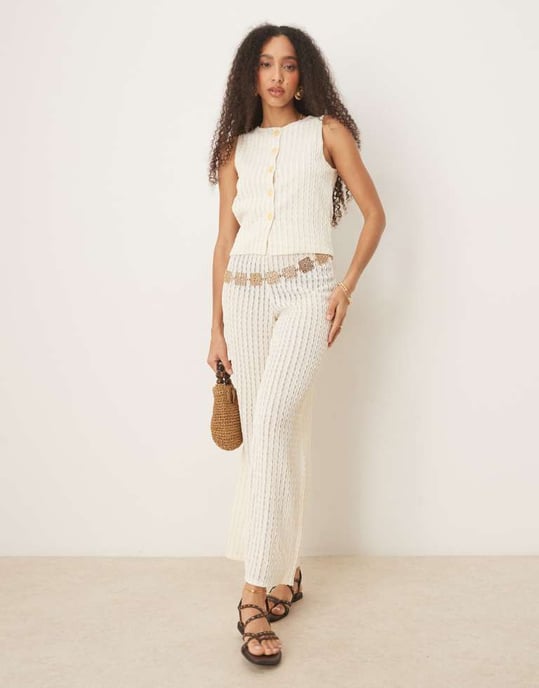 ASOS DESIGN co-ord textured semi sheer crochet waistcoat top in cream - Image 2