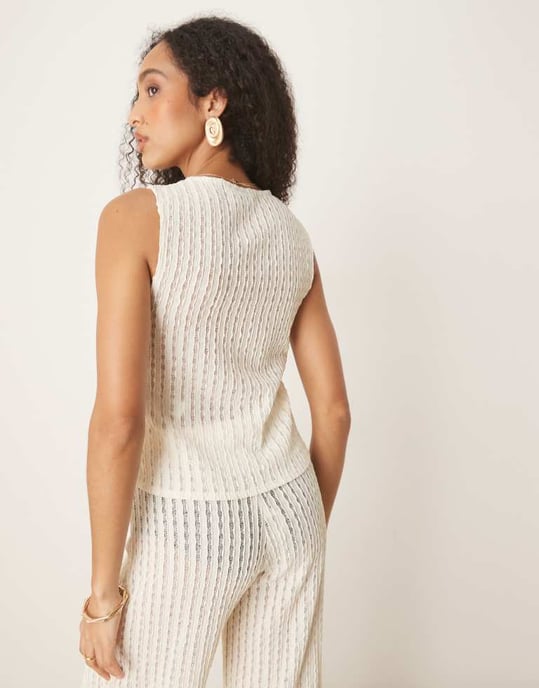 ASOS DESIGN co-ord textured semi sheer crochet waistcoat top in cream - Image 3