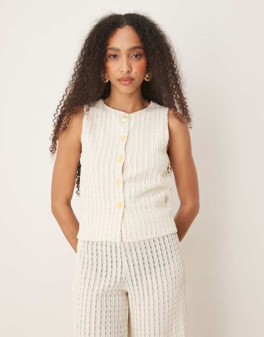 ASOS DESIGN co-ord textured semi sheer crochet waistcoat top in cream - Image 4