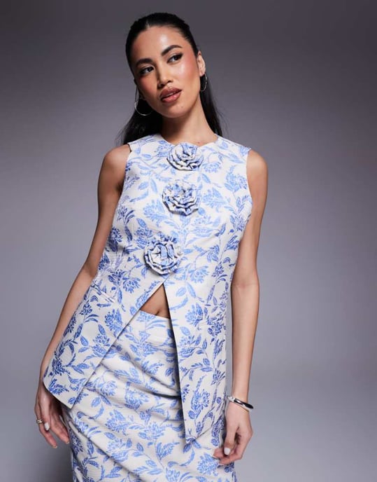 ASOS LUXE co-ord jacquard waist coat with 3D flowers in blue tapestry floral - Image 1