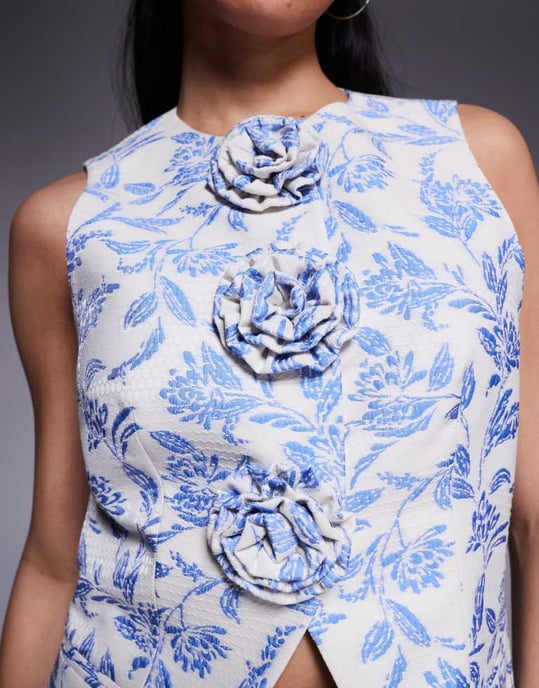 ASOS LUXE co-ord jacquard waist coat with 3D flowers in blue tapestry floral - Image 3