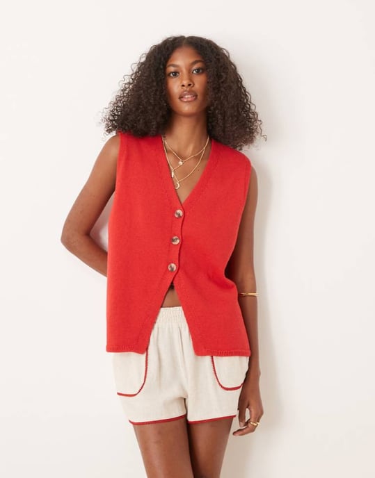 ASOS DESIGN ren stickad avslappnad passform väst i röd - Image 1