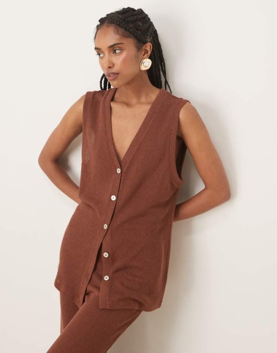 Nobody's Child longline textured waistcoat co-ord in brown - Image 1