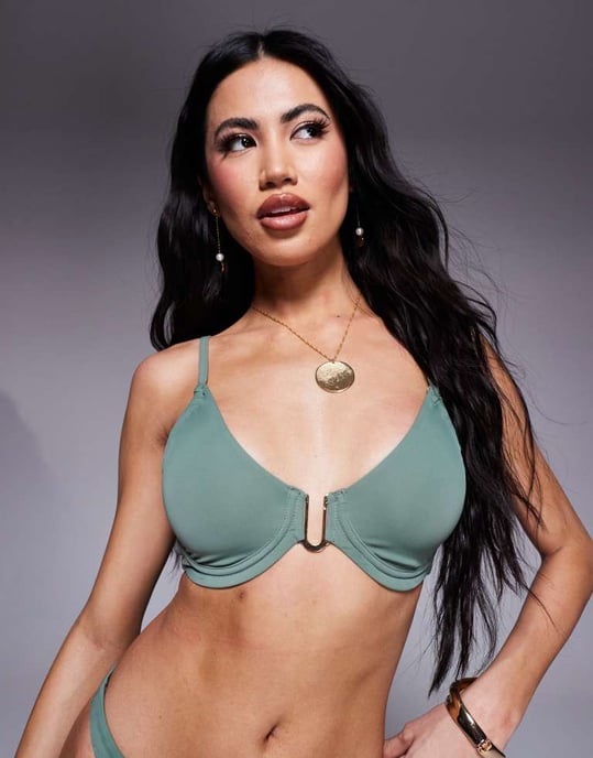 ASOS DESIGN Ella underwire bikiniöka med guldkant i khaki - Image 3