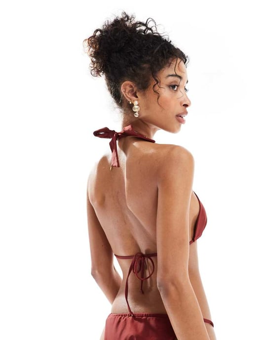Miss Selfridge mixa och matcha knyttriangel bikiniöverdel i burgundy - Image 3