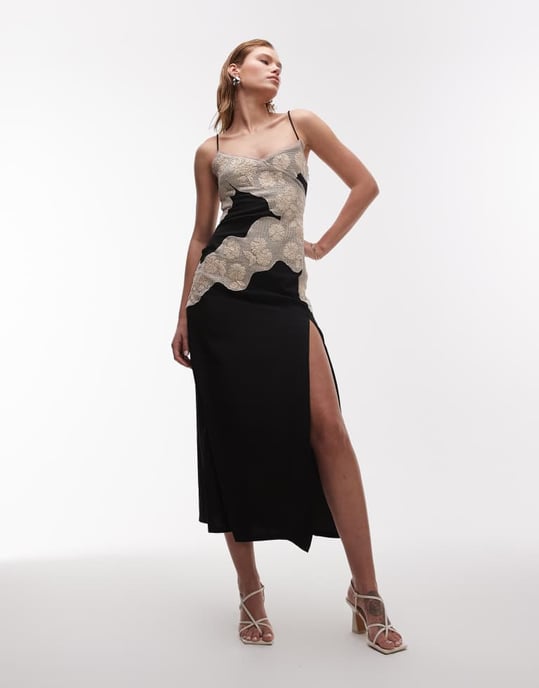 Topshop kontrasterande raffia insats midi linneklänning i svart - Image 2