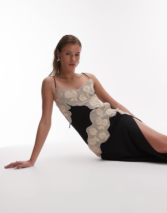 Topshop kontrasterande raffia insats midi linneklänning i svart - Image 4