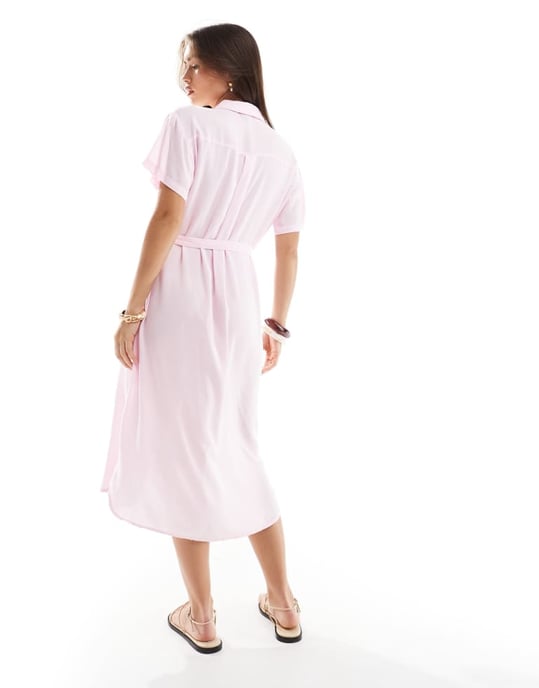 Vero Moda skjortmidiklänning med knytbälte i rosa - Image 4