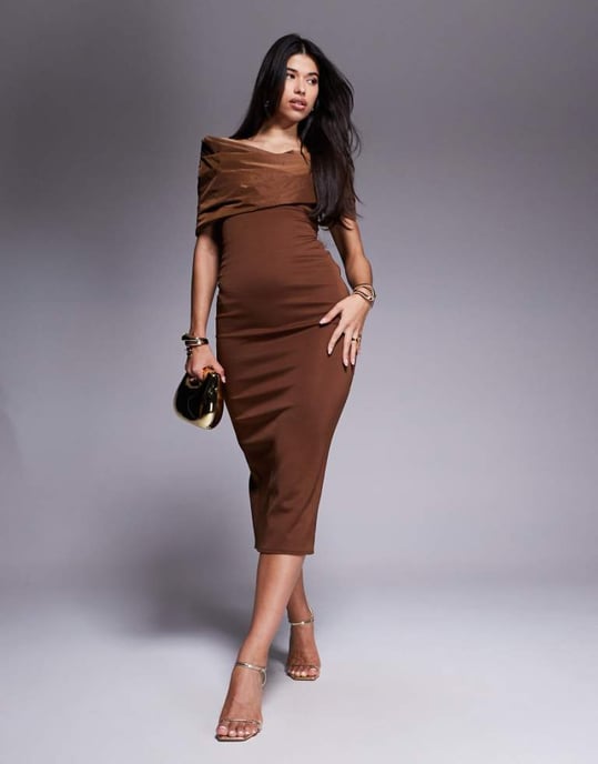 ASOS DESIGN bardot manipulerad taftabodice midi klänning i mocha - Image 1