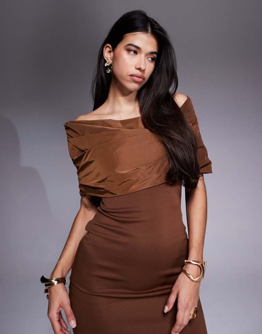 ASOS DESIGN bardot manipulerad taftabodice midi klänning i mocha - Image 2