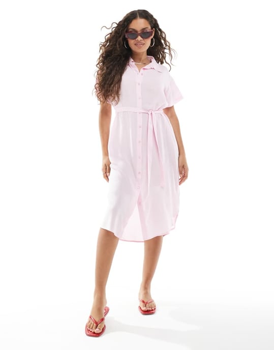 Vero Moda Petite skjortmidi-klänning med knytbälte i rosa - Image 3