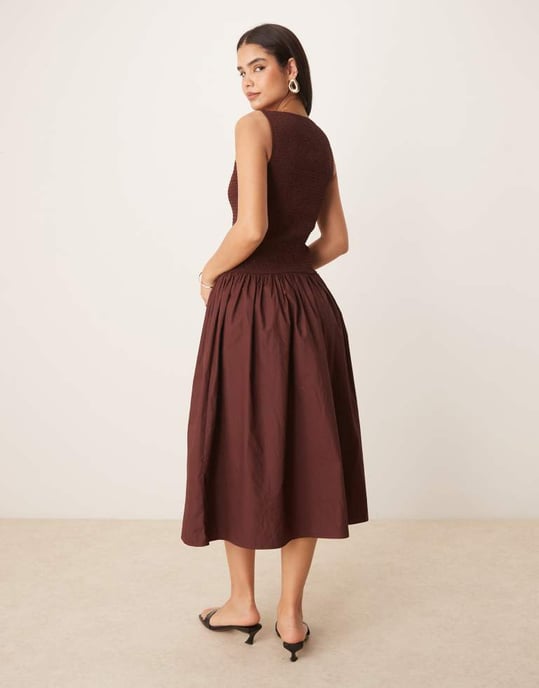 Nobody's Child Thalia rynkad bodice drop hem midi klänning i choklad - Image 4