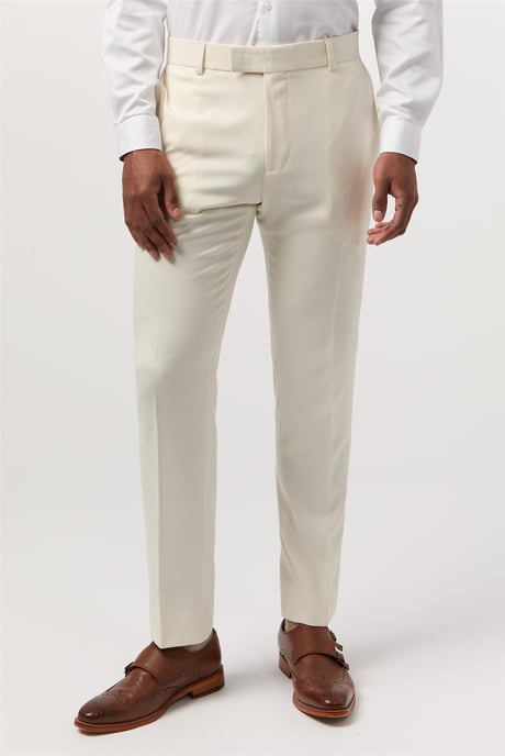 Flat Fronted Slim Fit Suit Trousers in Cream - Image 1