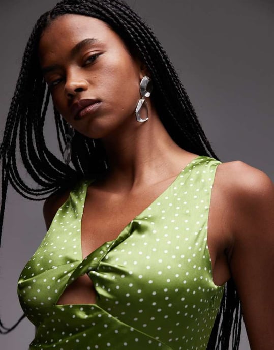 Topshop twist front midi klänning i olivgrön prickig - Image 2