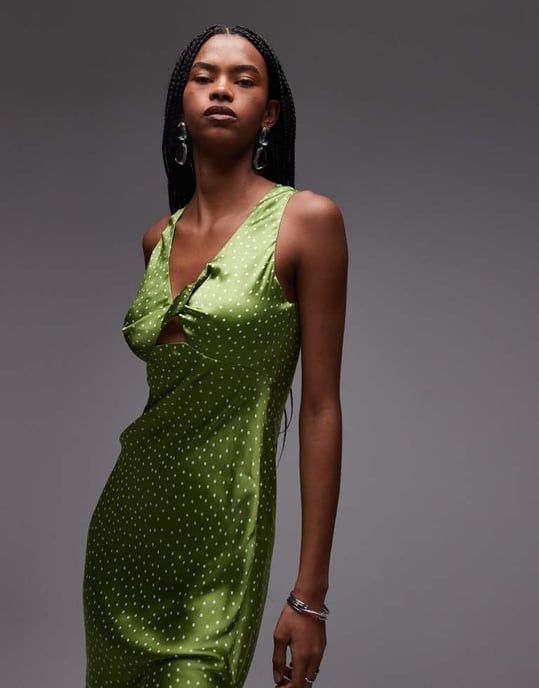 Topshop twist front midi klänning i olivgrön prickig - Image 3