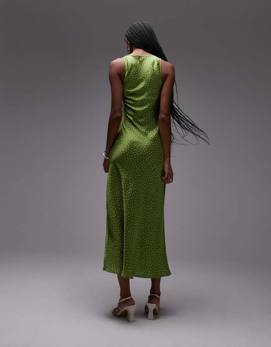 Topshop twist front midi klänning i olivgrön prickig - Image 4