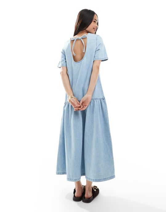 ASOS DESIGN denimt-shirt midiklänning med sänkt midja i ljusblå denim - Image 2