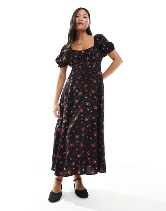 Miss Selfridge Petite spunnit te midaxi klänning i svart ros mönster - Image 3