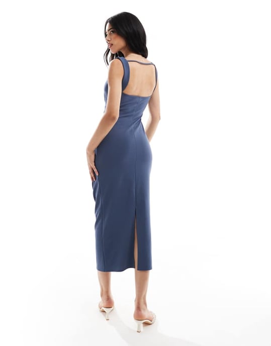 ASOS DESIGN ärmlös höghalssydd midiklänning i blått - Image 3