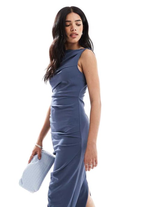 ASOS DESIGN ärmlös höghalssydd midiklänning i blått - Image 4