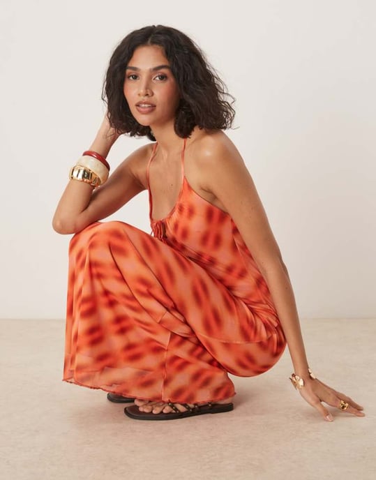 ASOS DESIGN mesh halsbands midi-klänning i oransjrutigt - Image 2