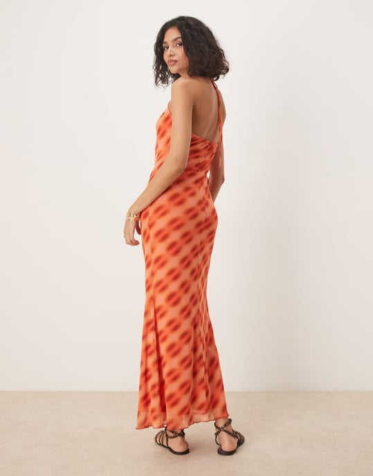 ASOS DESIGN mesh halsbands midi-klänning i oransjrutigt - Image 4