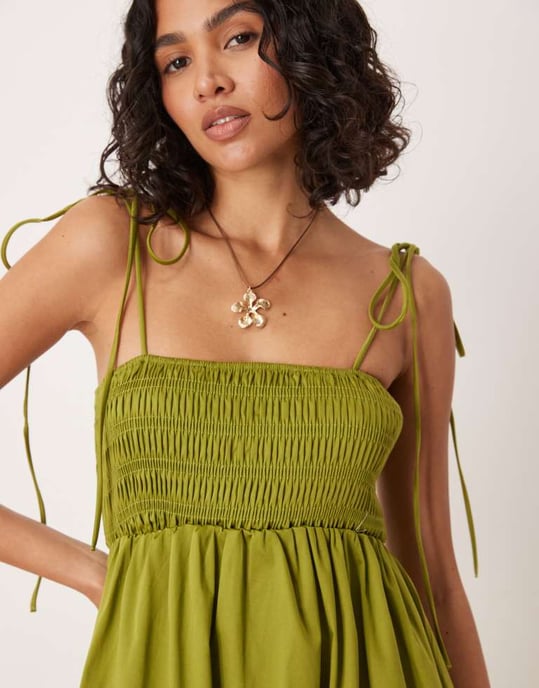 ASOS DESIGN volang byst bomullspoplin midiklänning i khaki - Image 2