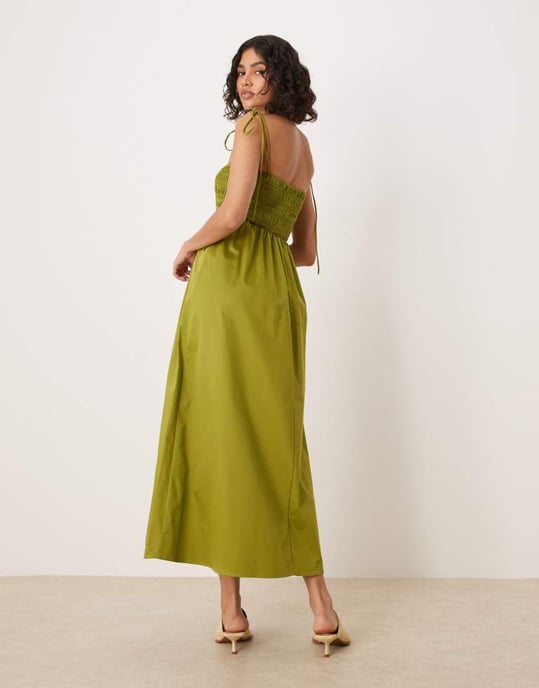 ASOS DESIGN volang byst bomullspoplin midiklänning i khaki - Image 3