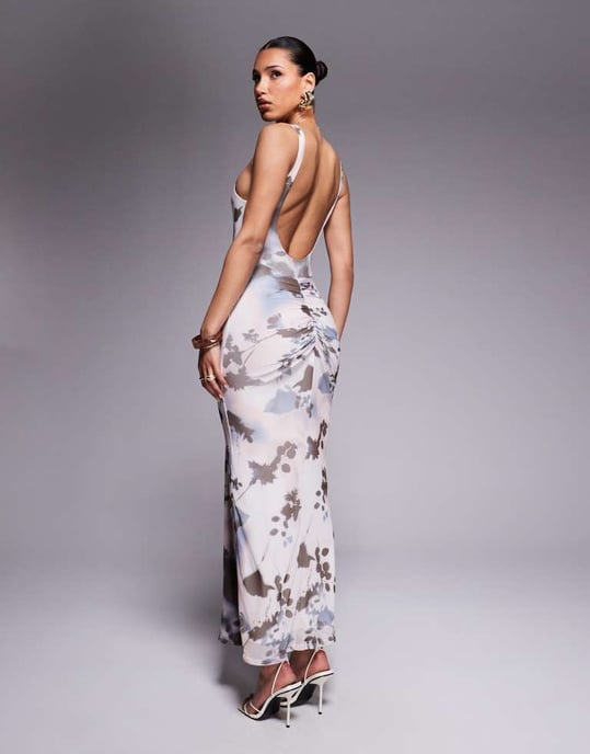 ASOS DESIGN mesh skär halsöppning midi klänning med sashesdetalj i abstrakt blommönster - Image 3